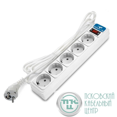 Удлинитель с сетевым фильтром 5х5м с заземл 10А IP20 2.2кВт ПВС 3х1 с выкл. бел. DOMTOK 2529