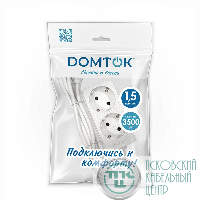 Удлинитель 2х1.5м с заземл. 16А IP20 3.5кВт ПВС 3х1 бел. DOMTOK 2384