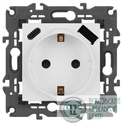Розетка Elegance 14-4108-01М 16A 250В 2P+E защ. шторки с USB type-A+C 3А 5В матов. бел. Эра Б0067710