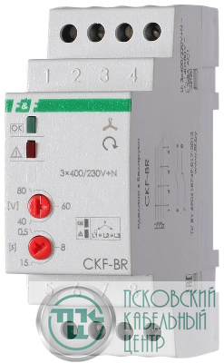 Реле контроля наличия и чередования фаз CKF-BR (монтаж на DIN-рейке 35мм; регулировка порога отключения; регулировка времени отключения; 3х400/230+N 2х8А 1Z 1R IP20) F&F EA04.002.003