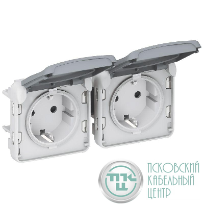 Розетка 2-м СП Plexo 16А IP55 горизонт. 2х2P+E с заземл. с крышкой немецк. стандарт механизм сер. Leg 069576