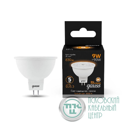 Лампа светодиодная Black 9Вт MR16 софит 3000К тепл. бел. GU5.3 830лм GAUSS 101505109