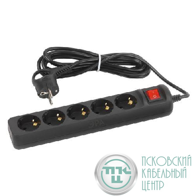 Удлинитель 5х1.5м с заземл. с выкл. ПВС 3х0.75 черн. UX-5es-1.5m-B Эра Б0057730