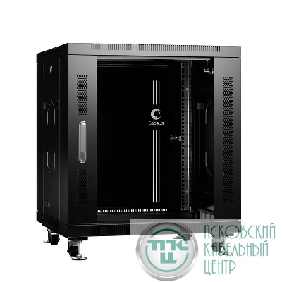 Шкаф монтажный телекоммуникационный напольный SH-05C-12U60/60-BK 19дюйм для распред. и серверн. оборудования 12U 600х600х730мм передн. стеклян. и задн. сплошн. метал. двери ручка с замком черн. (RAL 9004) Cabeus 8554c