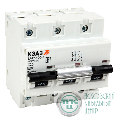 Выключатель автоматический модульный 3п C 50А 10кА ВА47-100-3C50-УХЛ3 КЭАЗ 318143