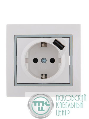 Розетка 1-м СП Mira 16А с заземл. + USB разъем с сер. вставкой бел. LEZARD 701-0215-181