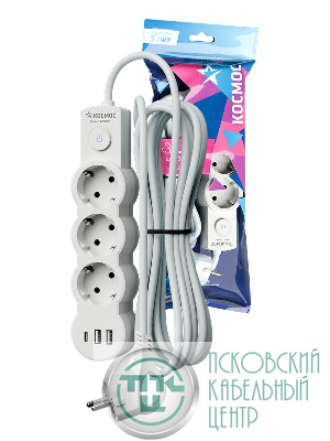 Удлинитель 3х3м с заземл. 10А IP20 USB 2800Вт 220В ПВС 3х1 с выкл. бел. КОСМОС YKsm3m3g-Z-VU10А-W
