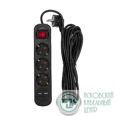Удлинитель 3х5м с заземл. STANDARD 2хUSB 3х1кв.мм с выкл. черн. Rexant 13-4023