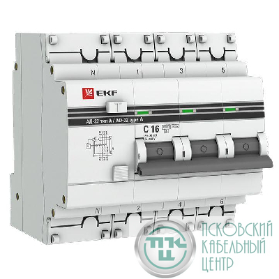 Выключатель автоматический дифференциального тока 4п (3P+N) C 16А 30мА тип A 6кА АД-32 защита 270В электрон. PROxima EKF DA32-6-16-30-4P-a-pro