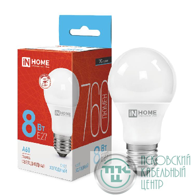 Лампа светодиодная LED-A60-VC 8Вт грушевидная 6500К холод. бел. E27 760лм 230В IN HOME 4690612024042