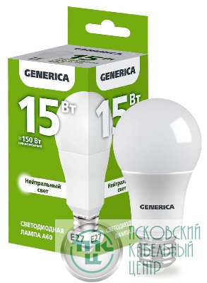 Лампа светодиодная A60 15Вт грушевидная 4000К E27 230В GENERICA LL-A60-15-230-40-E27-G