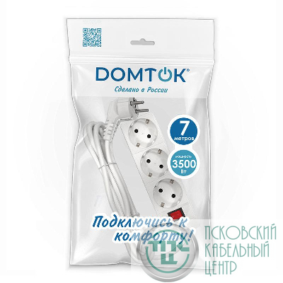 Удлинитель 3х7м с заземл. 16А IP20 3.5кВт ПВС 3х1 с выкл. бел. DOMTOK 2383