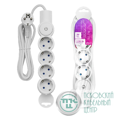 Удлинитель 4х3м с заземл. 10А IP20 ПВС 3х0.75 с выкл. защ. шторки REV 32014 4