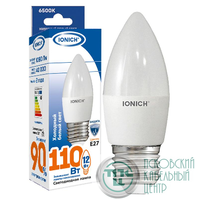 Лампа светодиодная C37 12Вт свеча 6500К E27 230В IONICH 1909