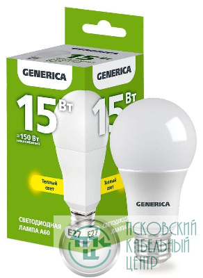 Лампа светодиодная A60 15Вт грушевидная 3000К E27 230В GENERICA LL-A60-15-230-30-E27-G
