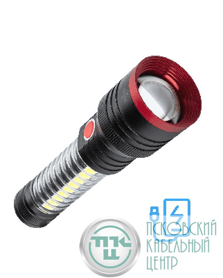 Фонарь аккумуляторный ручной 10Вт LED+5Вт COB LED+красн. zoom-линза Li-ion 18650 2200мА.ч Power-bank корпус анодир. алюм. USB-шнур type C магнит на корпусе КОСМОС KOC132Lit