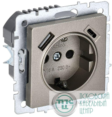 Розетка BRITE РЮш11-1-БрШ 16А с USB A+C 18Вт с заземл. защ. шторки механизм шампань IEK BR-R14-16-U22-018-K37