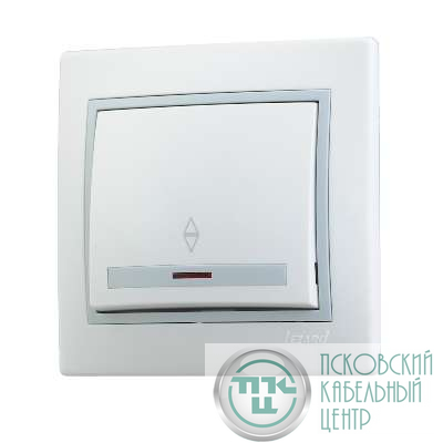 Переключатель проходной 1-кл. СП Mira 10А с подсветкой с сер. вставкой бел. LEZARD 701-0215-114