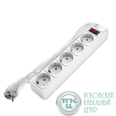 Удлинитель с сетевым фильтром 5х1.8м с заземл 10А 2.2кВт IP20 2хUSB ПВС 3х1 с выкл. бел. DOMTOK 2564