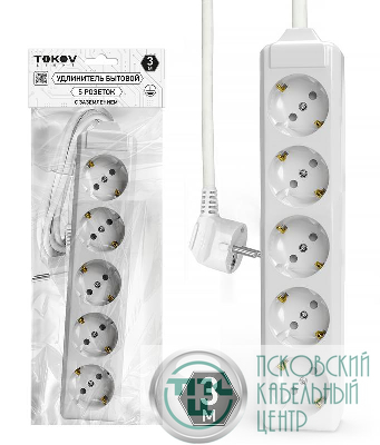 Удлинитель 5х3м с заземл. 10А 3х1.5 TOKOV ELECTRIC TKL-C01-BU5-3-1.5-Z