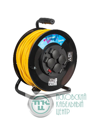 Удлинитель на катушке 4х30м с заземл. 16А IP54 4кВт ПВС 3х2.5 термозащ. КОСМОС YKKsm30m-4g-Z(2.5)IP