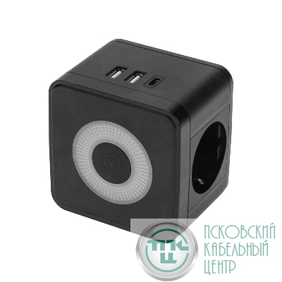 Двойник электрический Куб 16А с/з+2хUSB-A 2.4А+USB Type-C 3А с ночной подсветкой черн. Rexant 11-1252