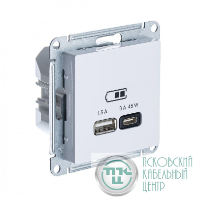 Розетка USB AtlasDesign тип A+C 45Вт QC PD высокоскор. ЗУ механизм бел. SE ATN000129