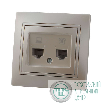 Розетка компьютерная + телефонная 2-м СП Mira RJ45 + RJ11 IP20 со вставкой жемчуж./бел. перламутр. LEZARD 701-3030-143