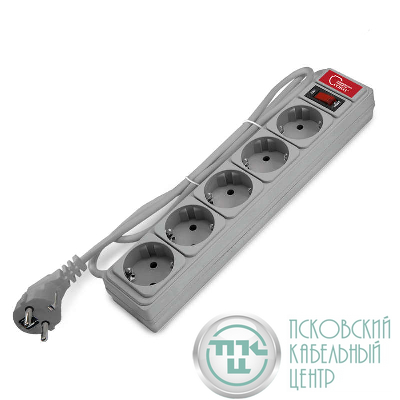 Удлинитель с сетевым фильтром 5х1.5м 10А IP21 ПВС 3х0.75 сер. Союз 1328