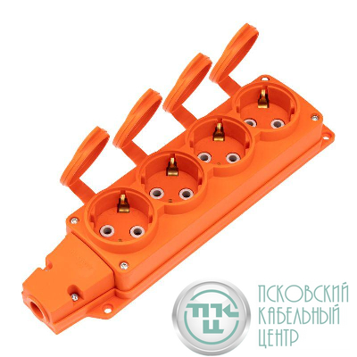 Колодка удлинителя 4-м с заземл. 16А IP54 влагозащ. с защ. крышкой COMPACT каучук оранж. Rexant 111-228