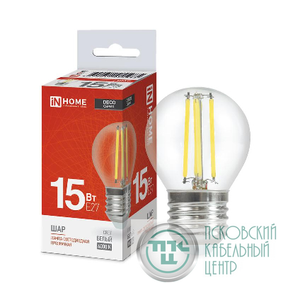 Лампа светодиодная филаментная LED-ШАР-deco шар прозрачная 15Вт 230В E27 4000К 1435лм IN HOME 4690612055985