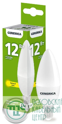 Лампа светодиодная C35 12Вт свеча 3000К E14 230В GENERICA LL-C35-12-230-30-E14-G
