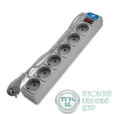 Удлинитель с сетевым фильтром 6х5м с заземл 10А IP20 2.2кВт ПВС 3х1 с выкл. сер. DOMTOK 2520