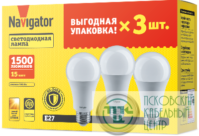 Лампа светодиодная 95 320 NLL-A60-15-230-2.7K-E27-PACK3 NAVIGATOR 95320