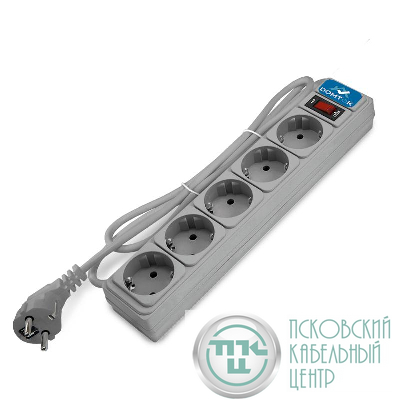 Удлинитель с сетевым фильтром 5х3м с заземл 10А IP20 2.2кВт ПВС 3х1 с выкл. сер. DOMTOK 2533