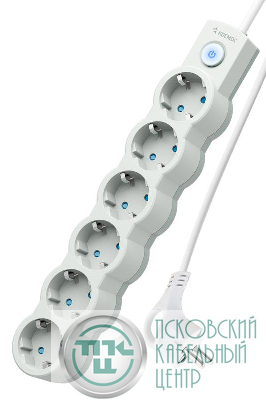 Удлинитель 6х1.5м с заземл. 10А IP20 2200Вт 220В защ. шторки ПВС 3х1 с выкл. бел. КОСМОС YKsm1.5m-6g-Z-V10A-W