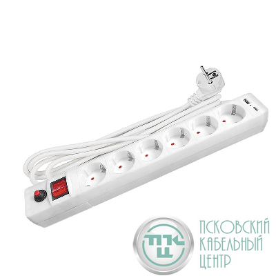 Удлинитель с сетевым фильтром 6х5м с заземл. 10А IP20 2.2кВт USB type-A + type-C ПВС 3х0.75 с выкл. бел. UNIVersal 2545