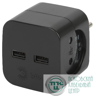 Разветвитель электрический SP-2-USB-B на 2 розетки 220В+ 2xUSB 2400мА без заземл 10А черн. Эра Б0049535