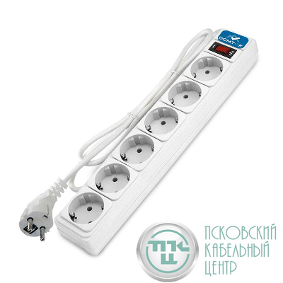 Удлинитель с сетевым фильтром 6х5м с заземл 10А IP20 2.2кВт ПВС 3х1 с выкл. бел. DOMTOK 2517