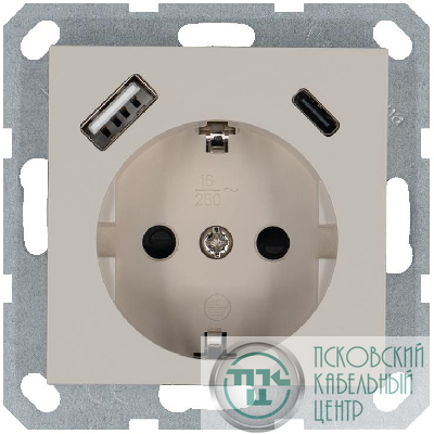 Розетка Shuko 16А с заземл. защ. шторки с 2-мя заряд. устройствами USB тип A+C 25Вт механизм тауп Jasmart G5501USB-25T