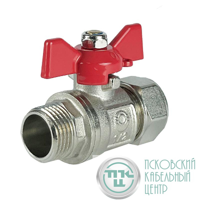 Кран шаровой обжимной с переходом на НР ручка-бабочка 16х1/2дюйм с никелир. покрытием (100/10) К VALFEX VF.341.NB.16012