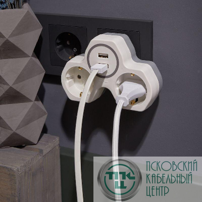 Двойник электрический 16А с заземл. и защ. шторки + 2 USB порта 24А бел. Rexant 11-1089