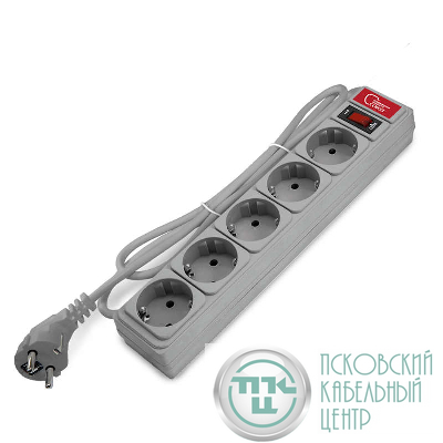 Удлинитель с сетевым фильтром 5х1.8м 10А IP21 ПВС 3х0.75 сер. Союз 1341