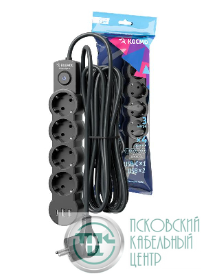 Удлинитель 4х3м с заземл. 10А IP20 USB type-Aх2 + type-C 2500Вт 220В ПВС 3х1 с выкл. черн. КОСМОС YKsm3m4g-Z-VU10А-B