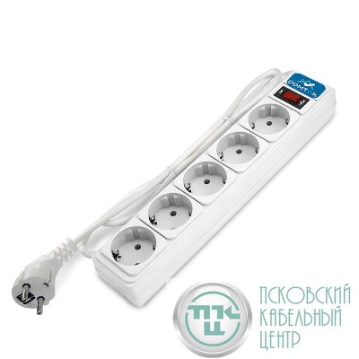 Удлинитель с сетевым фильтром 5х3м с заземл 10А IP20 2.2кВт ПВС 3х1 с выкл. бел. DOMTOK 2528