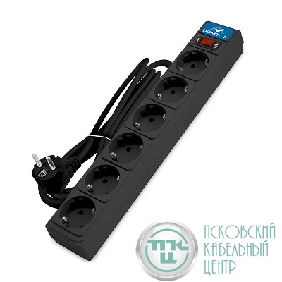 Удлинитель с сетевым фильтром 6х3м с заземл 10А IP20 2.2кВт ПВС 3х1 с выкл. черн. DOMTOK 2522