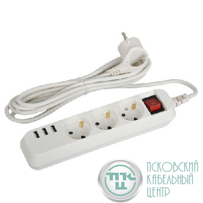 Удлинитель 3х3м с заземл. +3xUSBA 10А с выкл. U-3es-3m-USB Эра Б0052901
