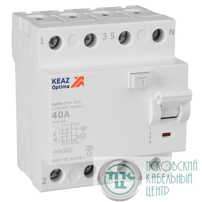 Выключатель дифференциального тока (УЗО) 4п 40А 30мА тип A 4.5кА OptiDin DM63-4240 УХЛ4 КЭАЗ 343916