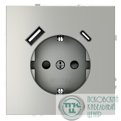 Розетка 1-м СП S70 16А с USB A+С с заземл. защ. шторки механизм сталь Voltum VLS040505