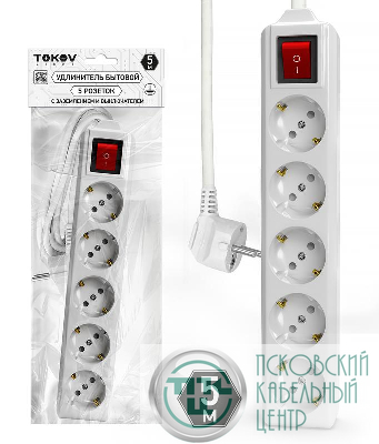Удлинитель 5х5м с заземл. с выкл. 10А 3х1.5 TOKOV ELECTRIC TKL-C01-BU5-5-1.5-ZV